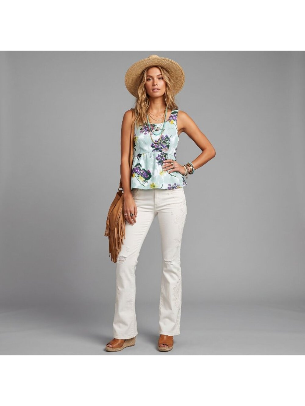 Leifsdottir Floral Print Peplum Tank Top Pastel Blue Jacquard Finish Sz S